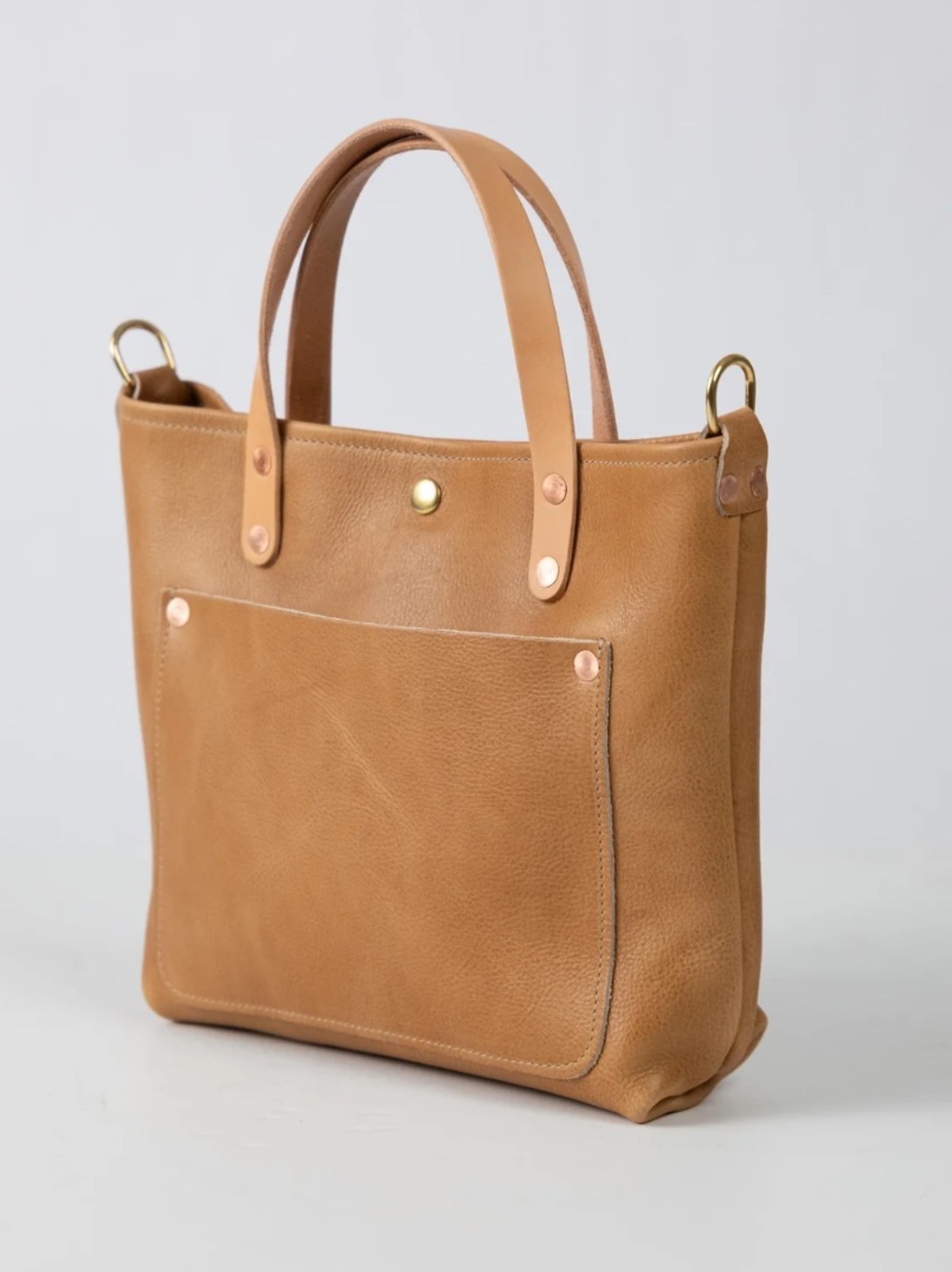 KMM & Co Leather Mini Travel Tote with Crossbody Strap in Camel